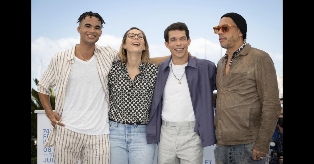 Cannes 2021 : Théo Christine, Audrey Estrugo, Sandor Funtek et JoeyStarr lors du photocall du biopic de NTM, Suprêmes