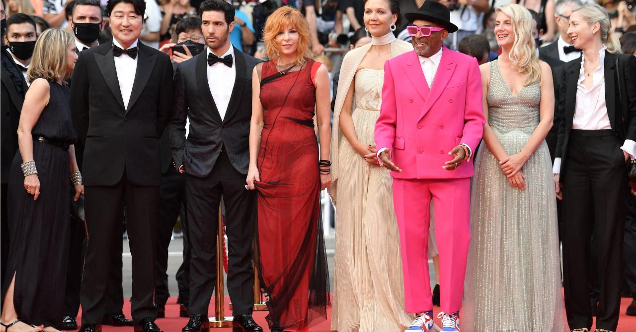 The opening night of the 2021 Cannes film festival: Spike Lee, in a pink suit, surrounded by his jury