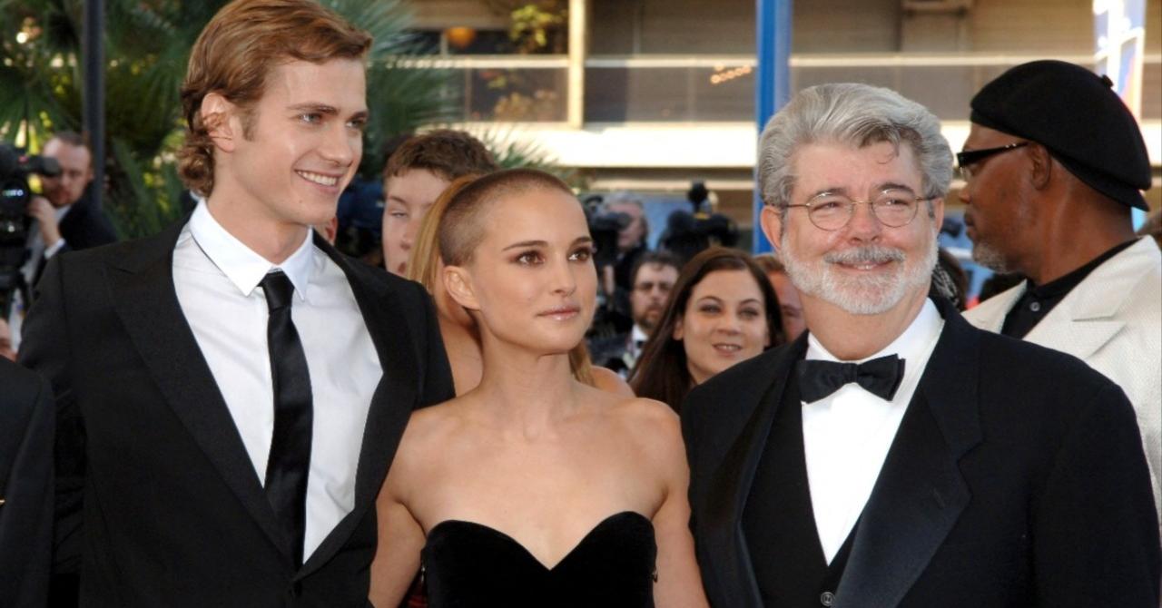 Hayden Christensen, Natalie Portman and George Lucas at the Revenge of the Sith premiere at the 58th Cannes film festival (2005)