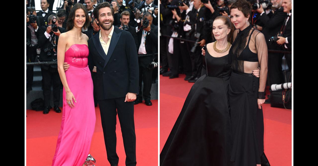 Jeanne Cadieu, Jake Gyllenhaal, Isabelle Huppert et Maggie Gyllenhaal à la montée des marches du 75e anniversaire du Festival de Cannes