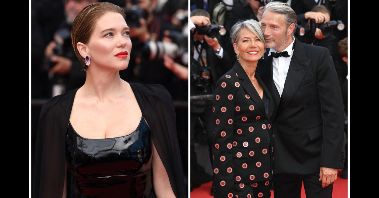 Léa Seydoux, Hanne Jacobsen and Mads Mikkelsen at the climb of the steps of the 75th anniversary of the Cannes Film Festival