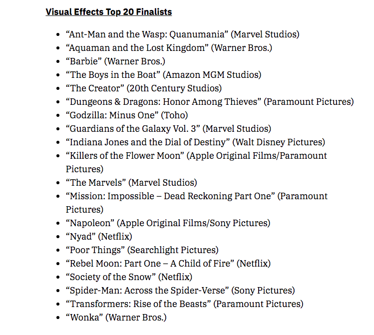 Variety nominés meilleur effets visuels Oscars 2023 (non officiel)